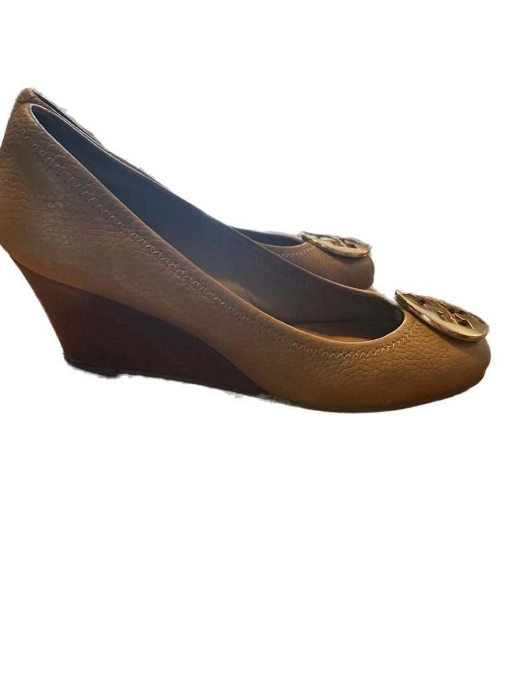 Tory Burch Tan Leather Medallion Wedge Pumps Heels Size 7M "As Is" Parts, Repair - Picture 3 of 11